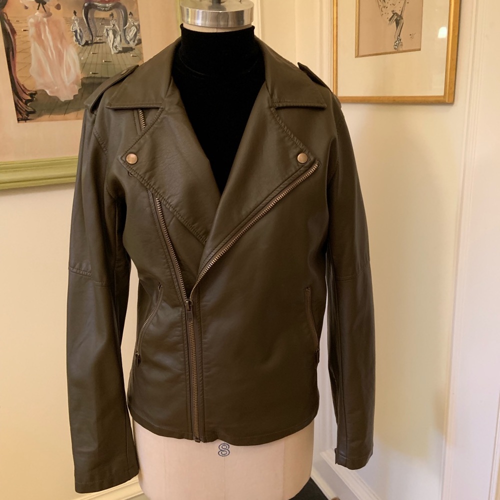Faux leather moto olive jacket